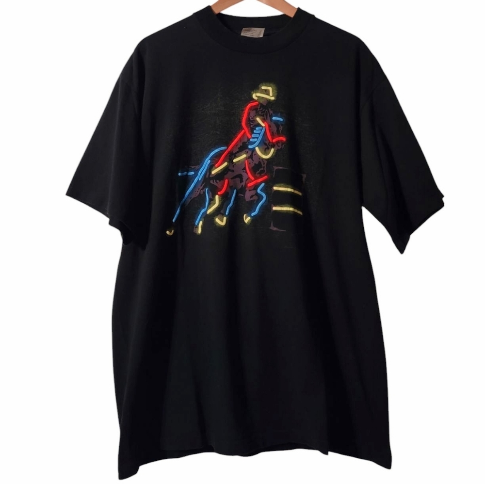 Vintage Cowboy Riding Horse Neon Short Sleeve Crew Neck Shirt Single Stitch Rode